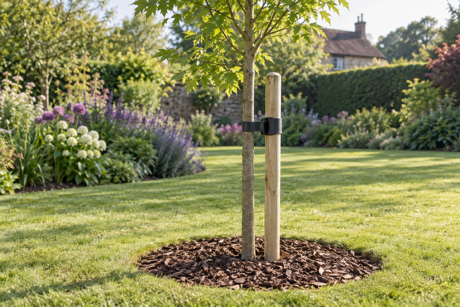 Round treated wooden tree stake supporting a young tree in a landscaped garden