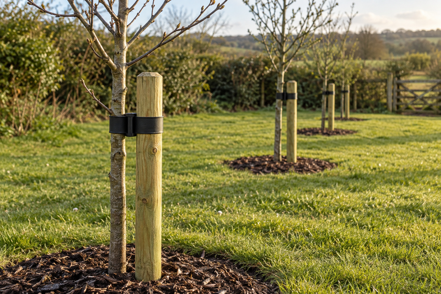 Round treated wooden stakes supporting a row of young orchard trees