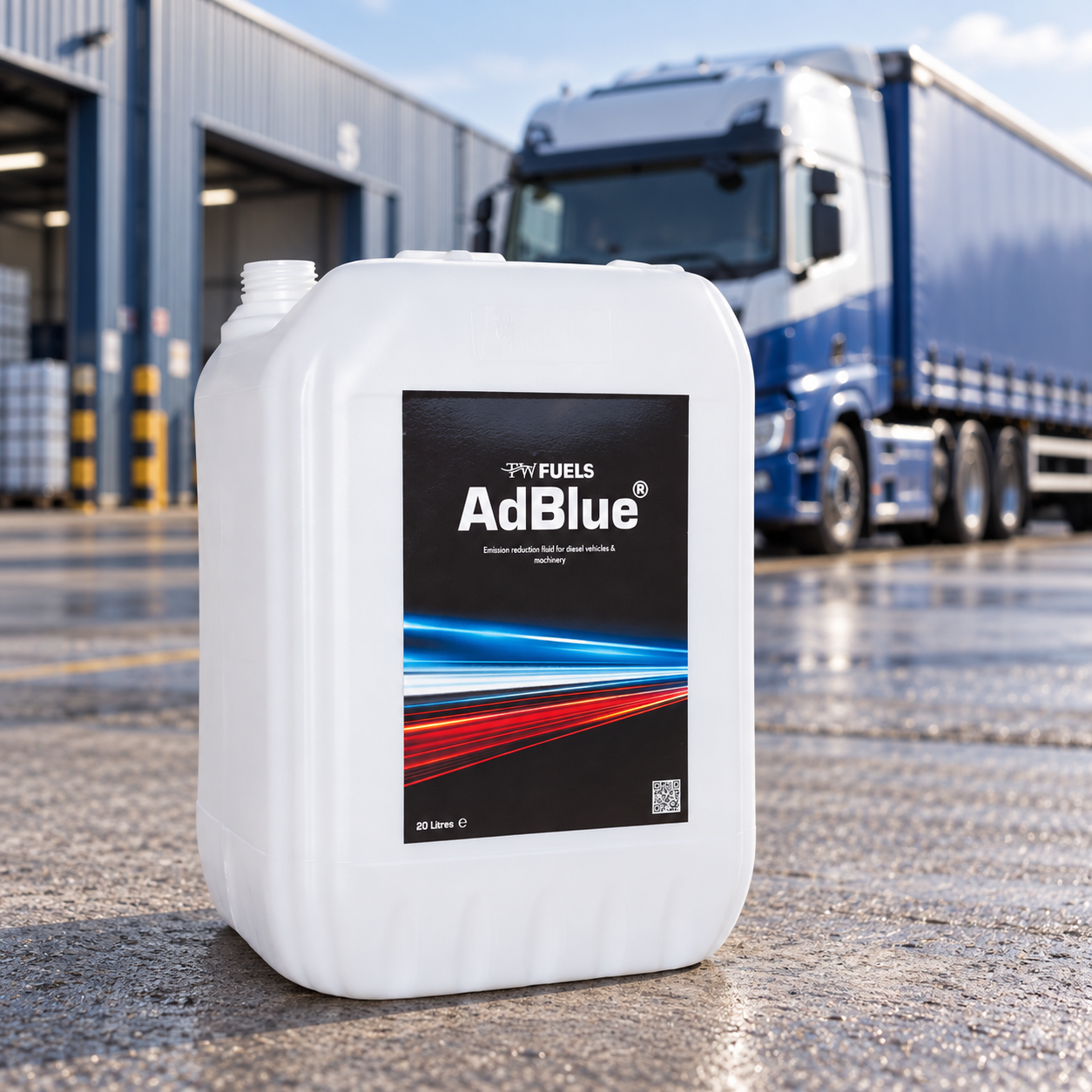 TW Fuels 20L AdBlue container at a haulage depot with a lorry in the background