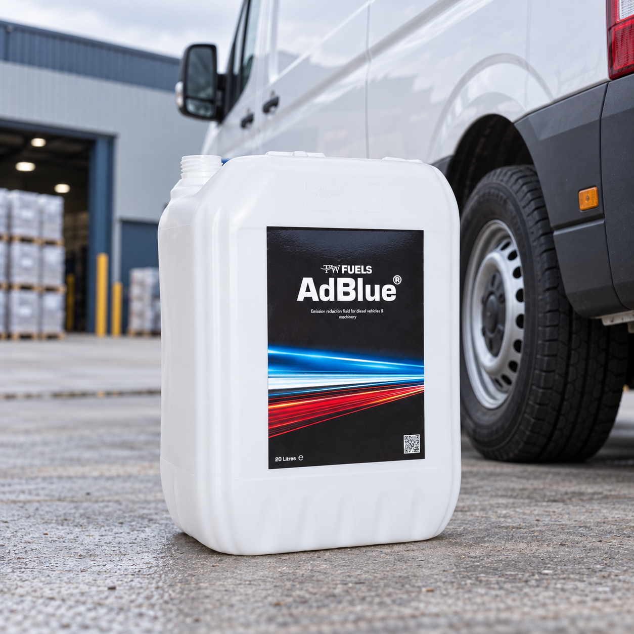 TW Fuels 20L AdBlue container beside a commercial delivery van